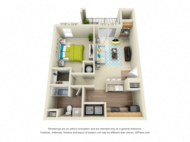 Floor plan for 1 bed, 1 bath, 684 sqft